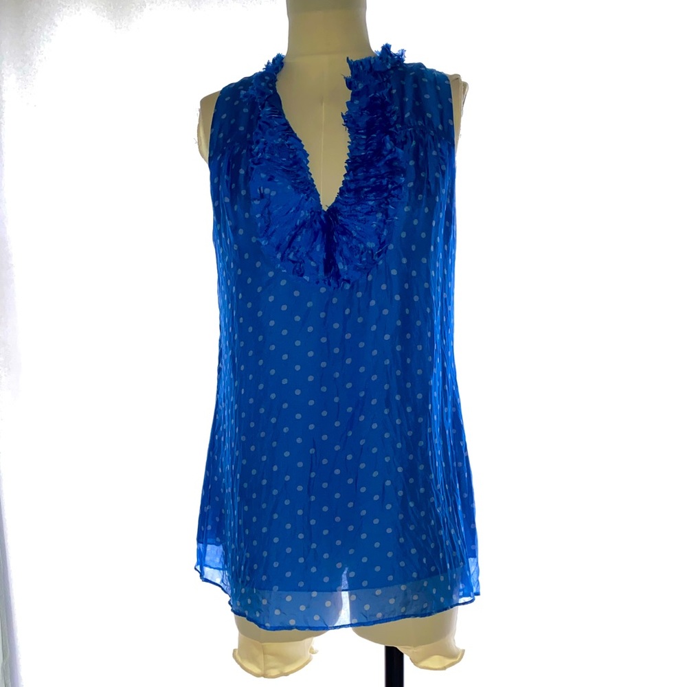 Blue Tassel - sleeveless blue blouse with frilled collar